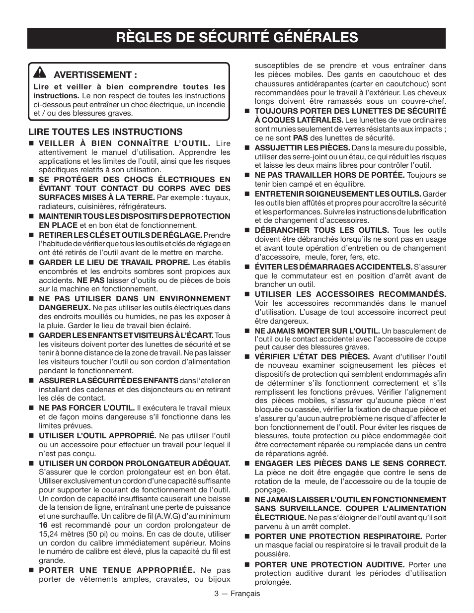 Règles de sécurité générales | Ryobi WS720 User Manual | Page 14 / 44