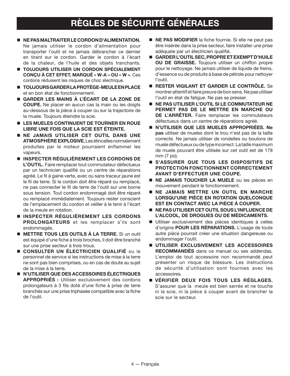 Règles de sécurité générales | Ryobi WS720 User Manual | Page 15 / 44