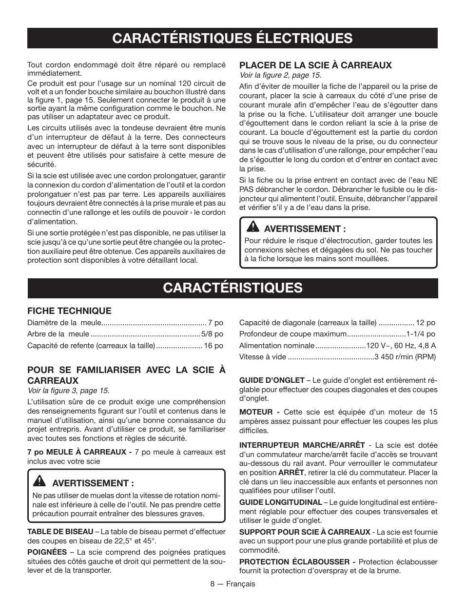 Caractéristiques électriques, Caractéristiques | Ryobi WS720 User Manual | Page 19 / 44