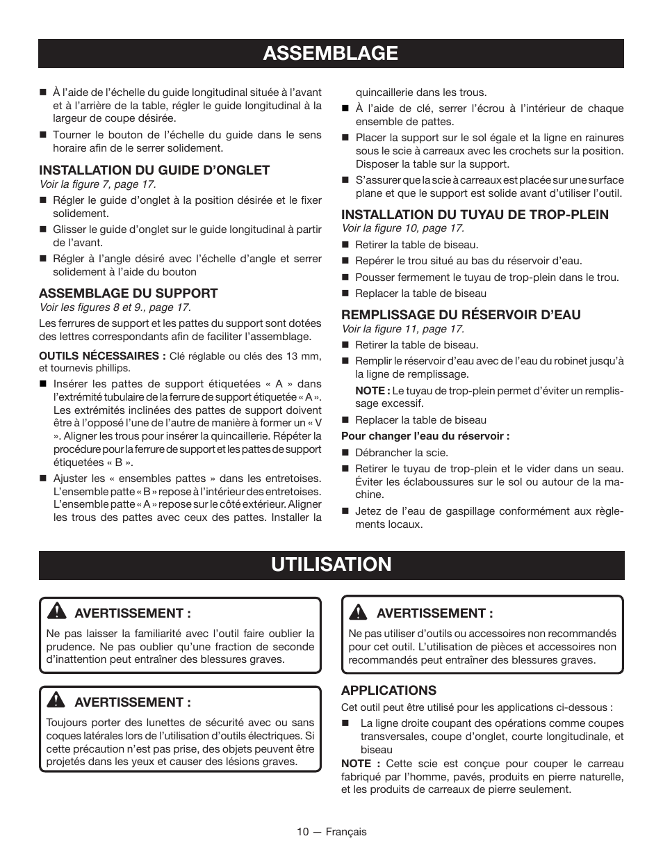 Assemblage, Utilisation | Ryobi WS720 User Manual | Page 21 / 44