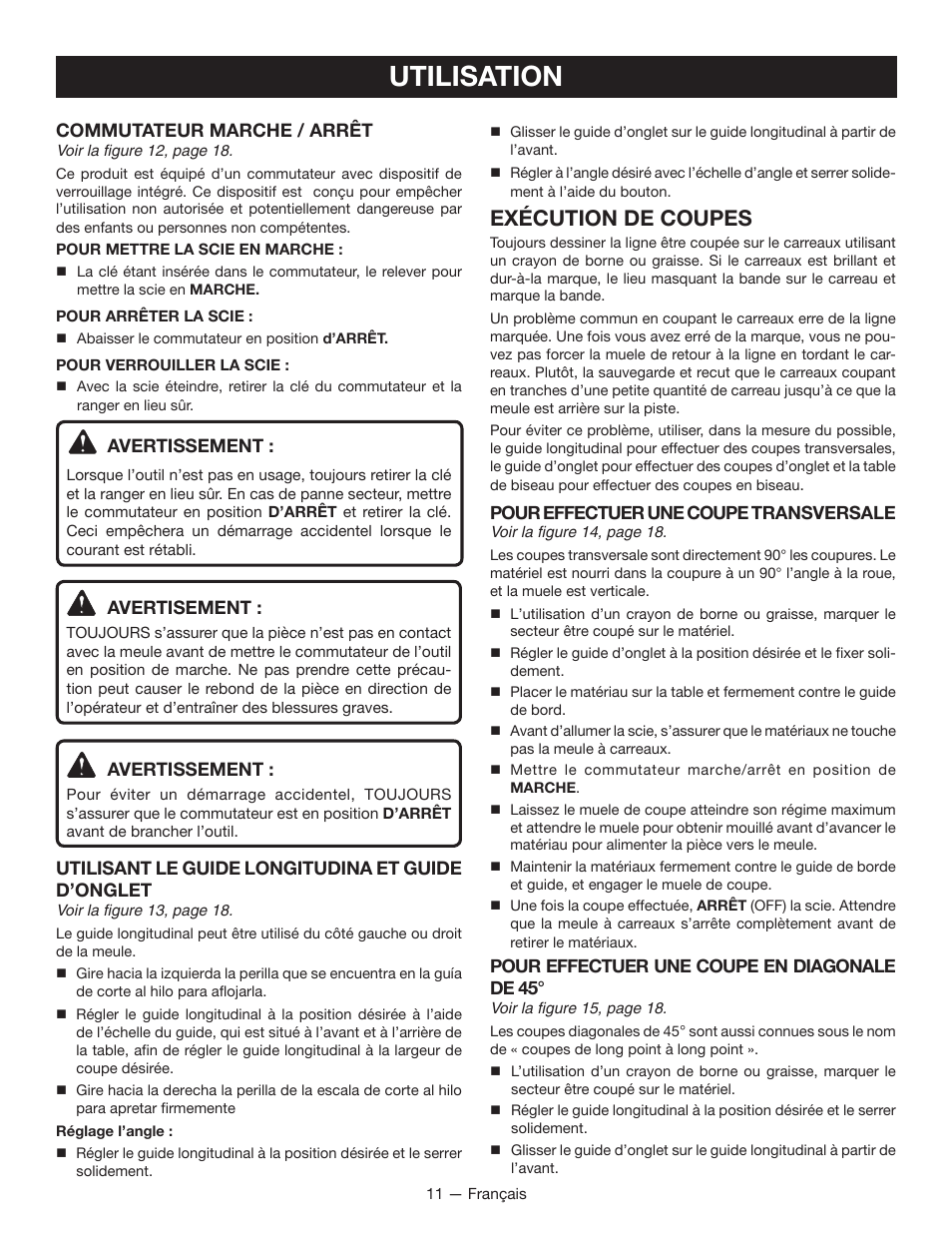 Utilisation, Exécution de coupes | Ryobi WS720 User Manual | Page 22 / 44