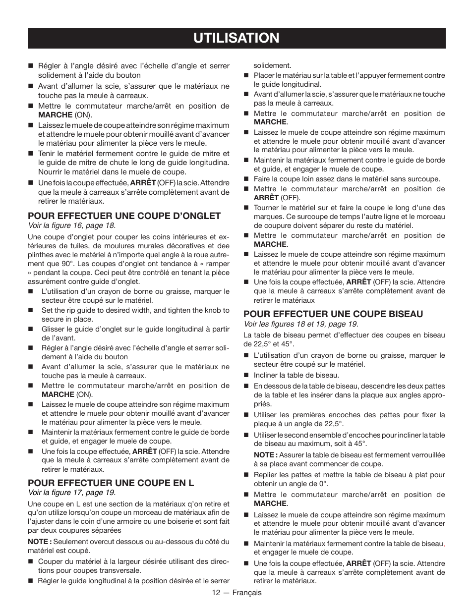 Utilisation, Pour effectuer une coupe d’onglet, Pour effectuer une coupe en l | Pour effectuer une coupe biseau | Ryobi WS720 User Manual | Page 23 / 44