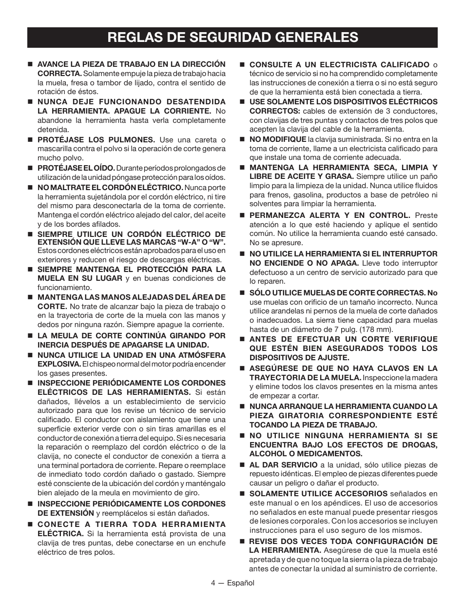 Reglas de seguridad generales | Ryobi WS720 User Manual | Page 27 / 44