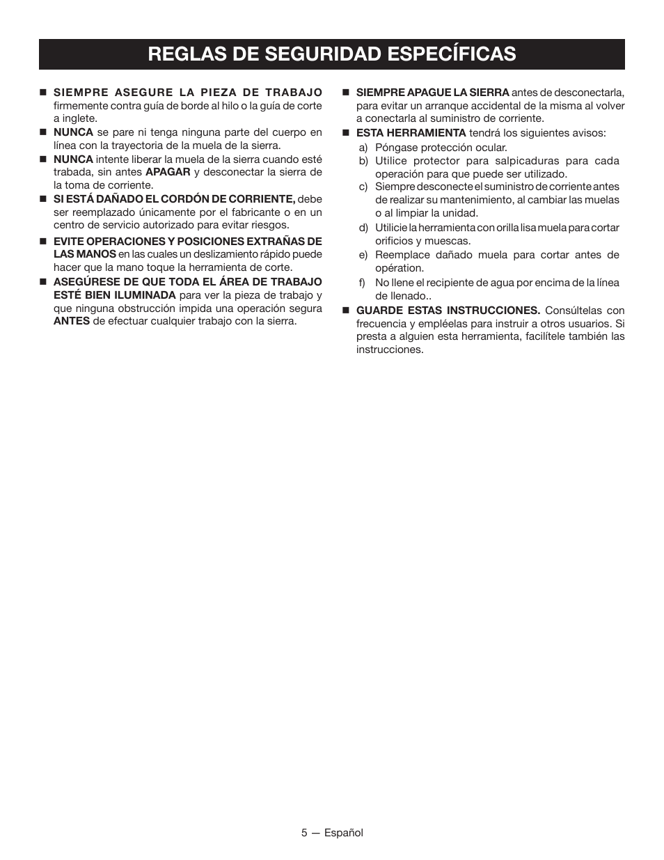 Reglas de seguridad específicas | Ryobi WS720 User Manual | Page 28 / 44