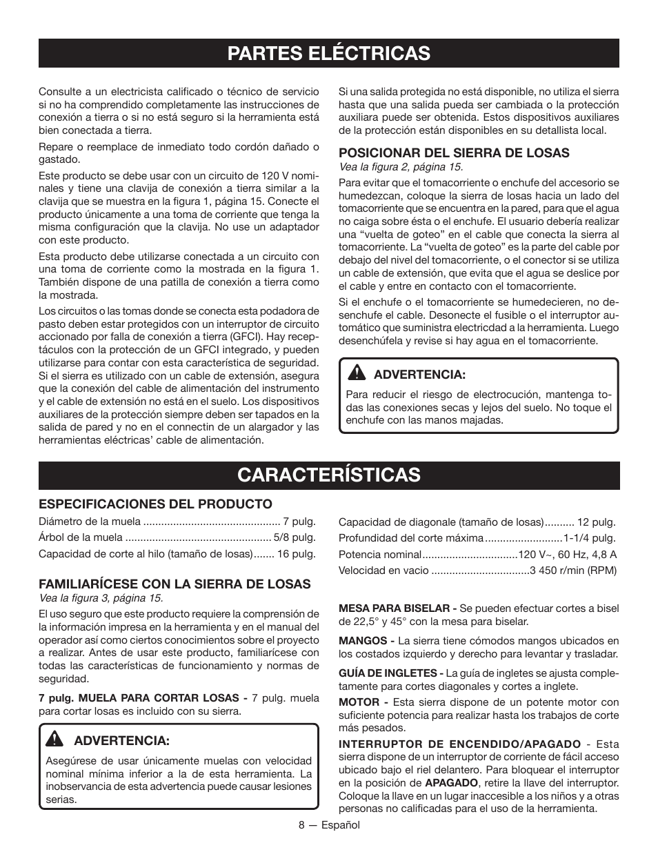 Partes eléctricas, Características | Ryobi WS720 User Manual | Page 31 / 44