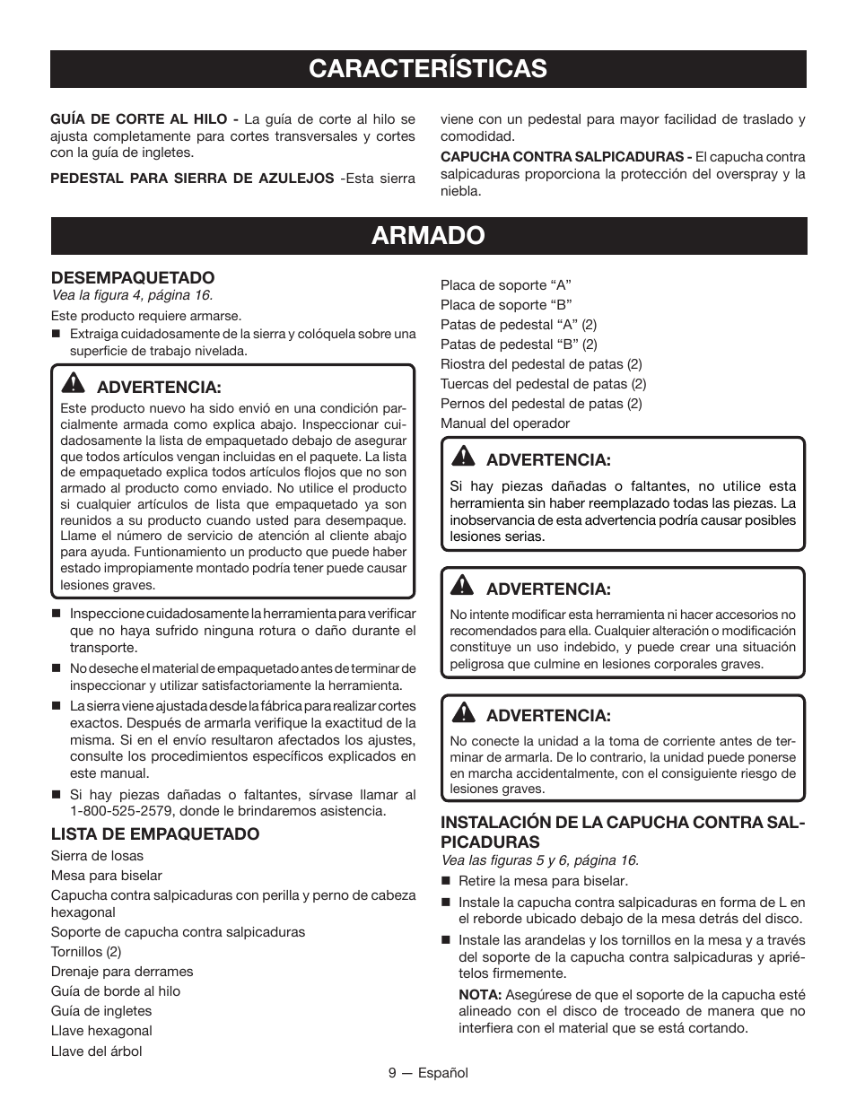 Características, Armado | Ryobi WS720 User Manual | Page 32 / 44