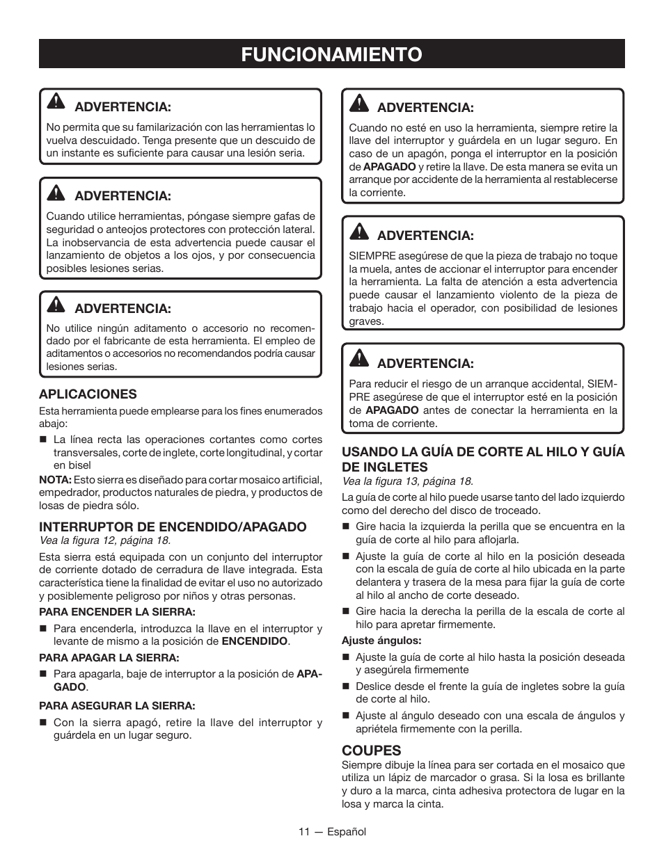 Funcionamiento, Coupes | Ryobi WS720 User Manual | Page 34 / 44