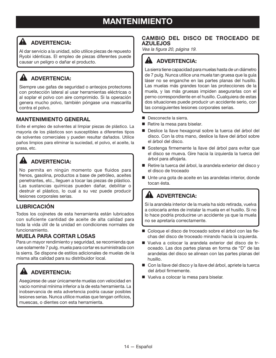 Mantenimiento | Ryobi WS720 User Manual | Page 37 / 44