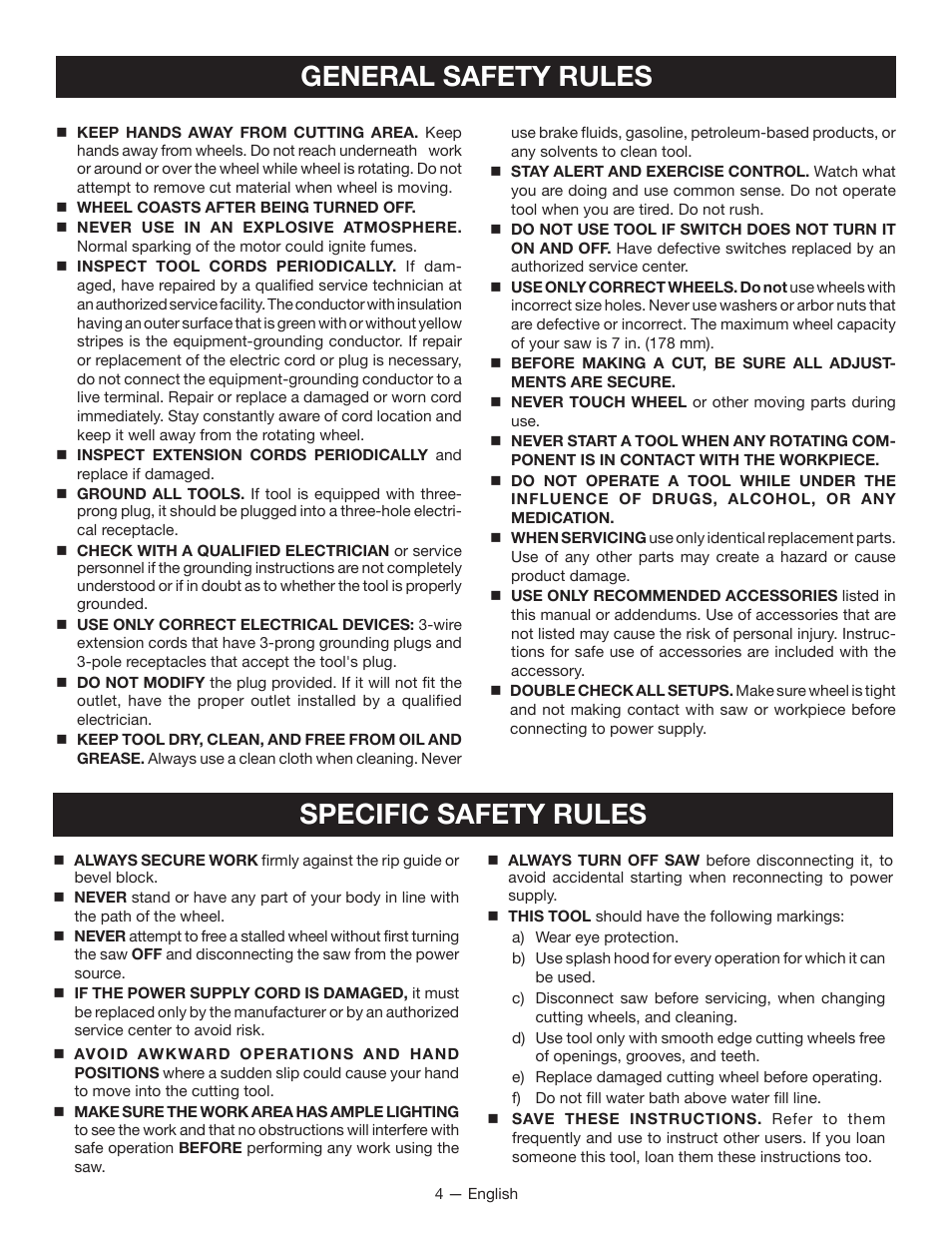 General safety rules, Specific safety rules | Ryobi WS720 User Manual | Page 4 / 44