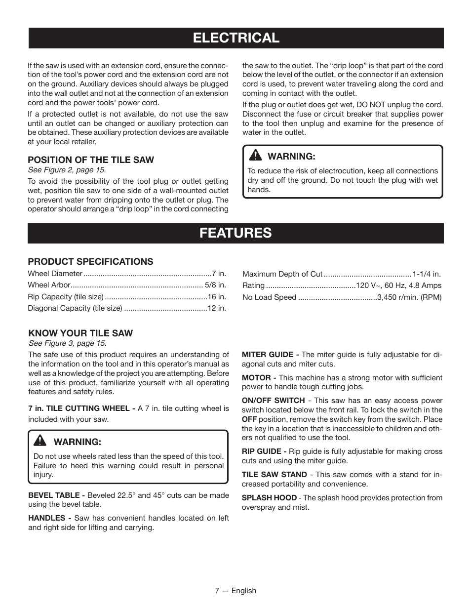 Electrical, Features | Ryobi WS720 User Manual | Page 7 / 44