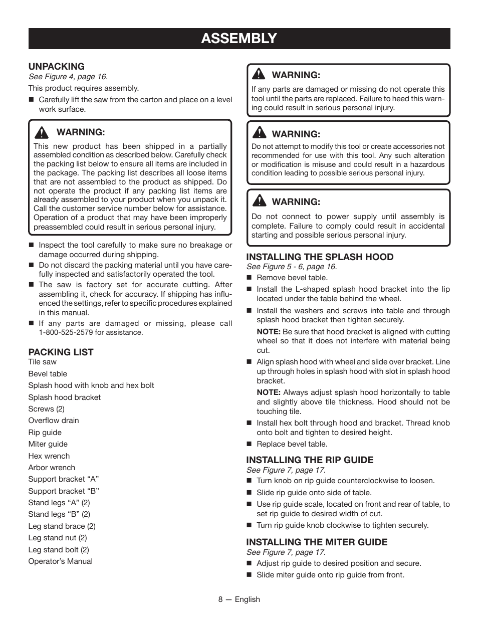 Assembly | Ryobi WS720 User Manual | Page 8 / 44