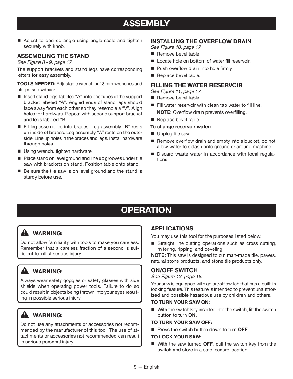 Assembly, Operation | Ryobi WS720 User Manual | Page 9 / 44