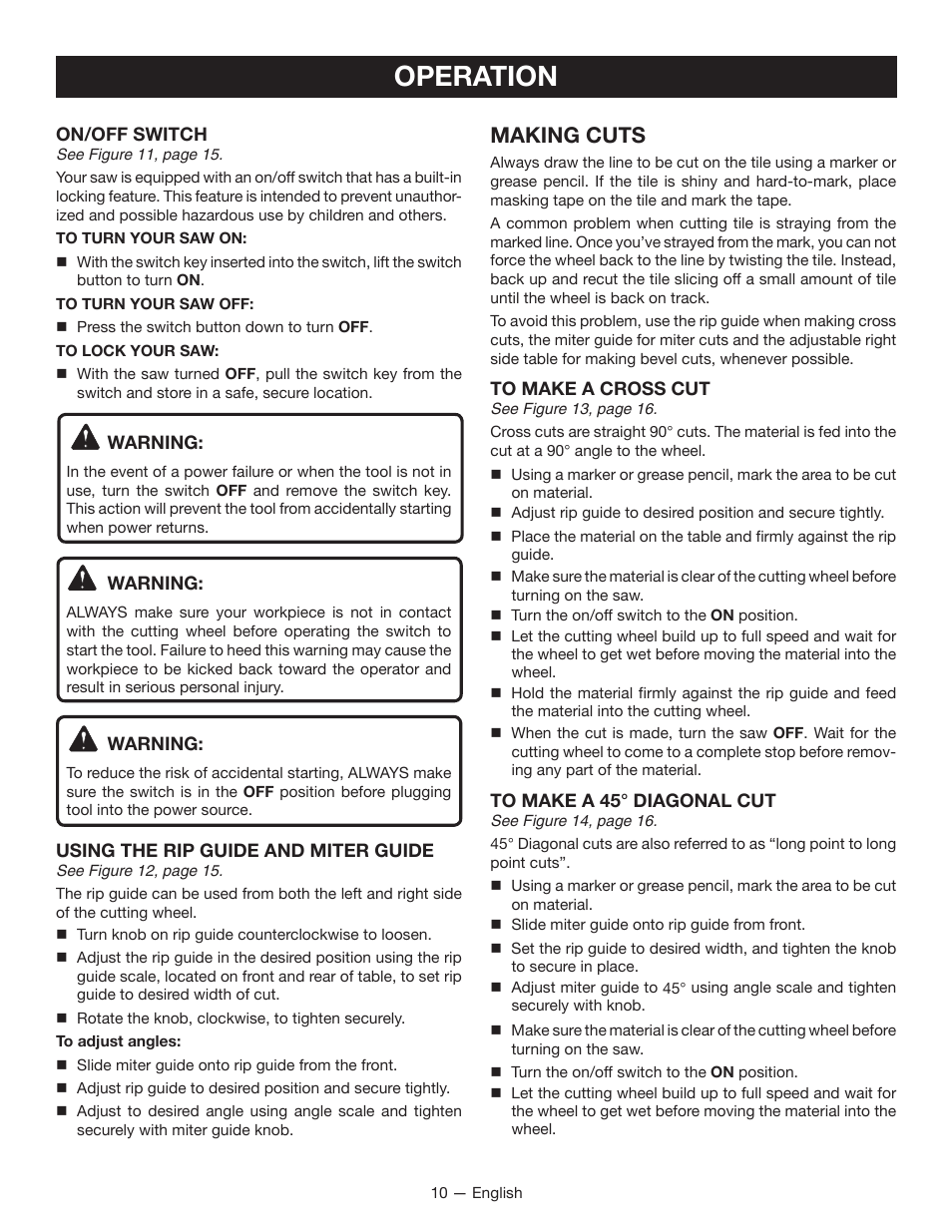 Operation, Making cuts | Ryobi WS721 User Manual | Page 10 / 40