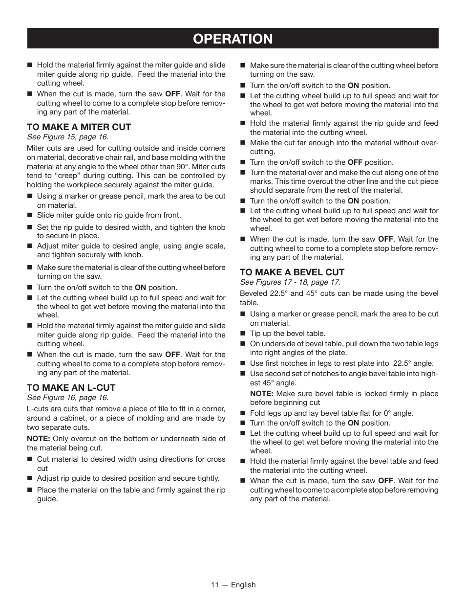 Operation | Ryobi WS721 User Manual | Page 11 / 40