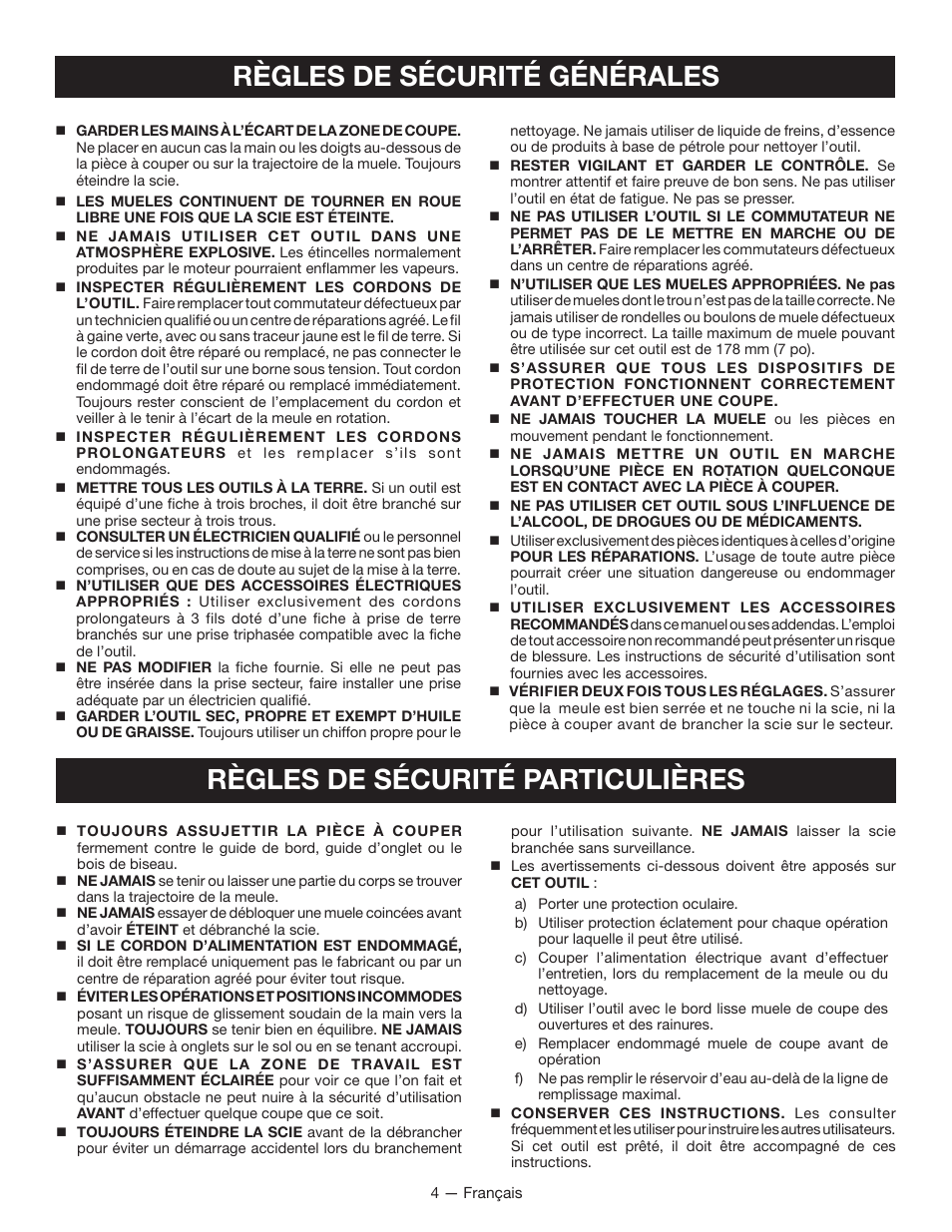 Règles de sécurité générales, Règles de sécurité particulières | Ryobi WS721 User Manual | Page 15 / 40