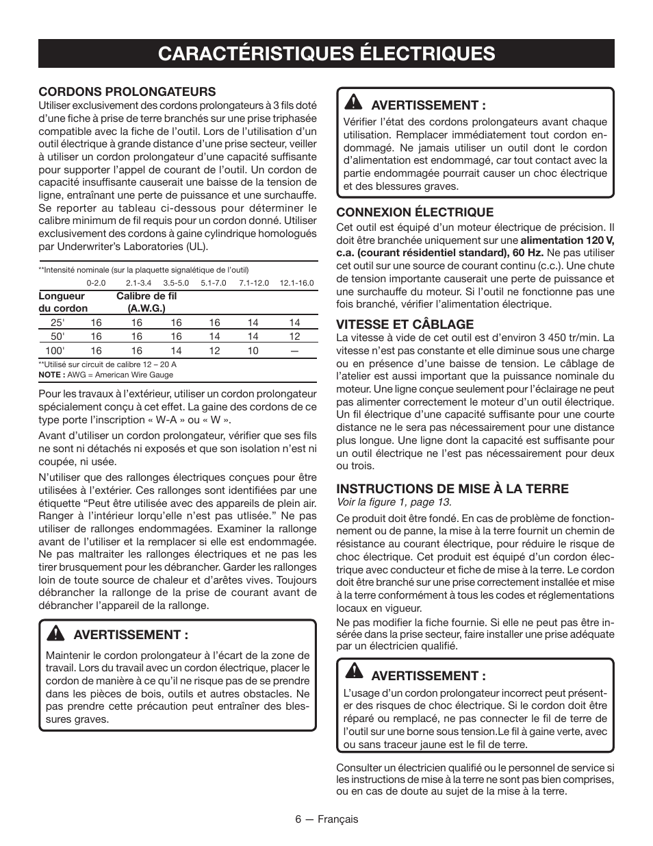 Caractéristiques électriques | Ryobi WS721 User Manual | Page 17 / 40