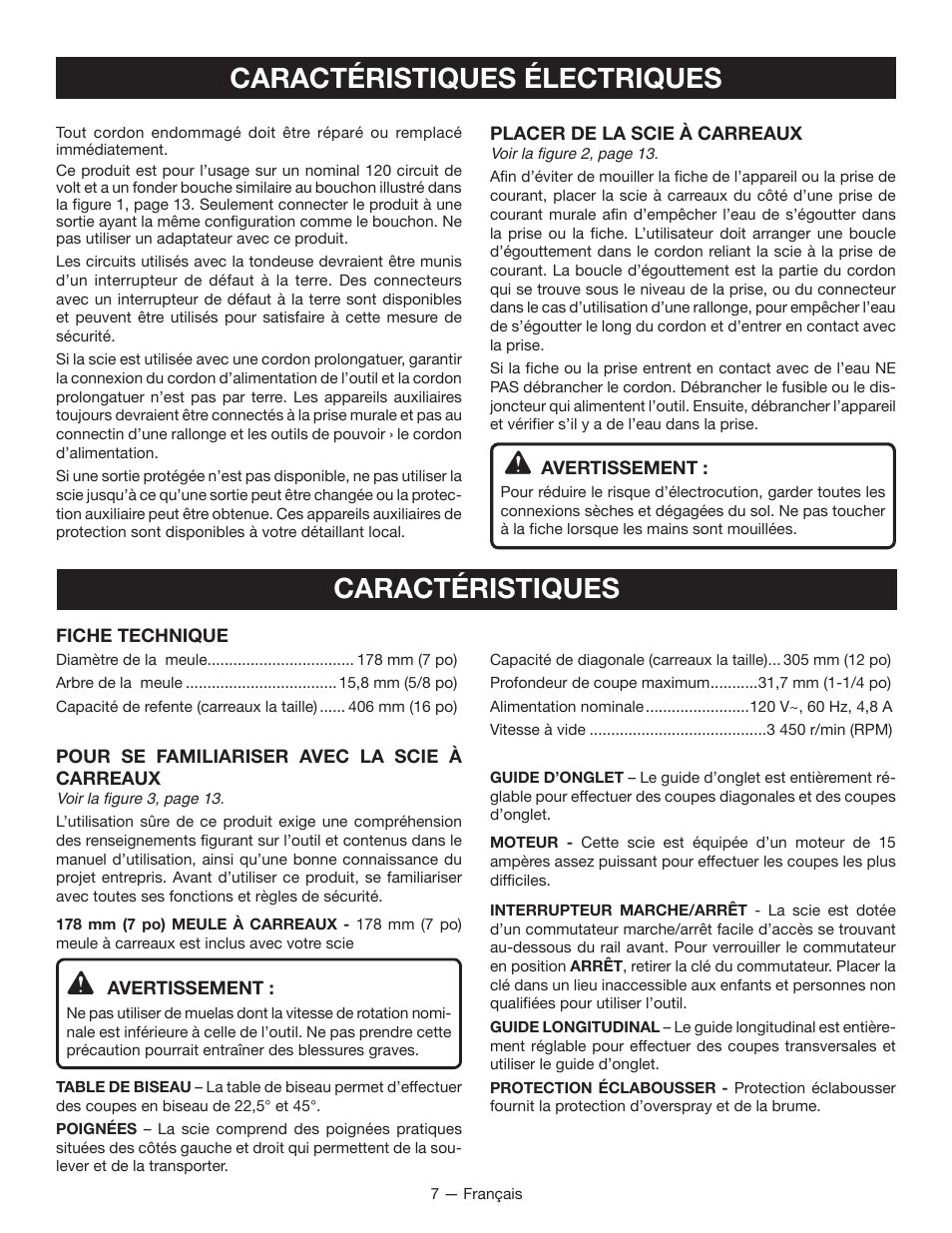 Caractéristiques électriques, Caractéristiques | Ryobi WS721 User Manual | Page 18 / 40
