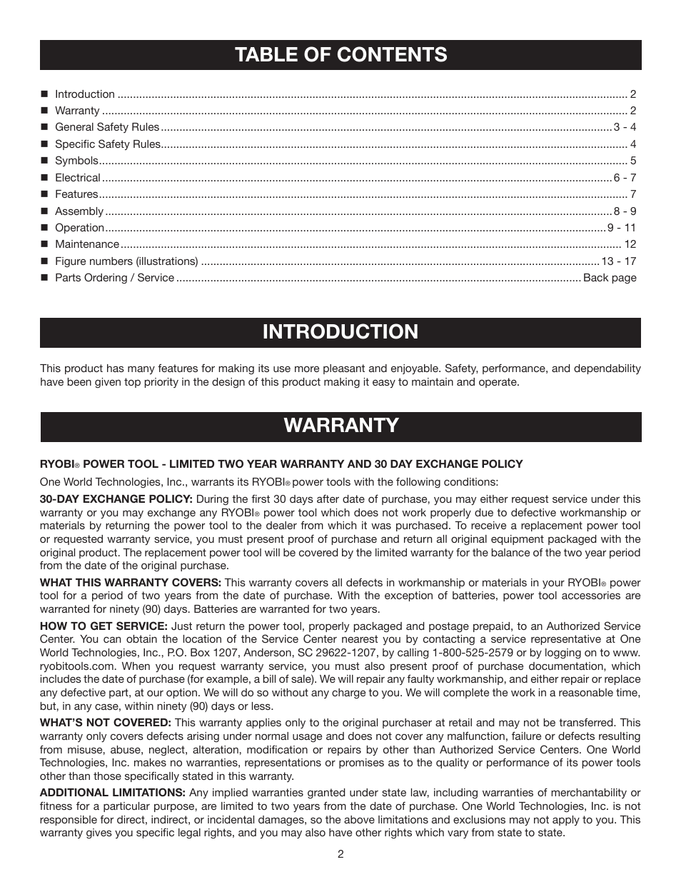 Table of contents introduction, Warranty | Ryobi WS721 User Manual | Page 2 / 40