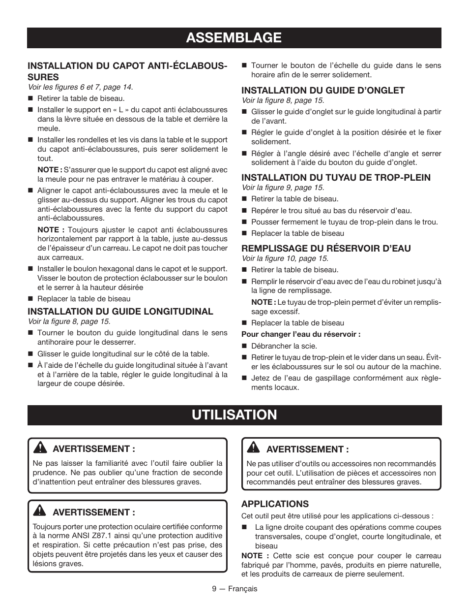 Assemblage, Utilisation | Ryobi WS721 User Manual | Page 20 / 40