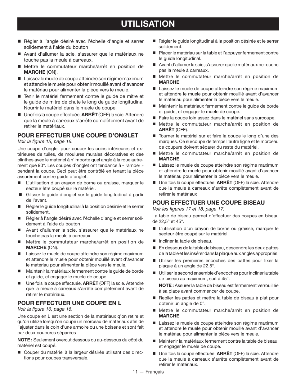 Utilisation, Pour effectuer une coupe d’onglet, Pour effectuer une coupe en l | Pour effectuer une coupe biseau | Ryobi WS721 User Manual | Page 22 / 40