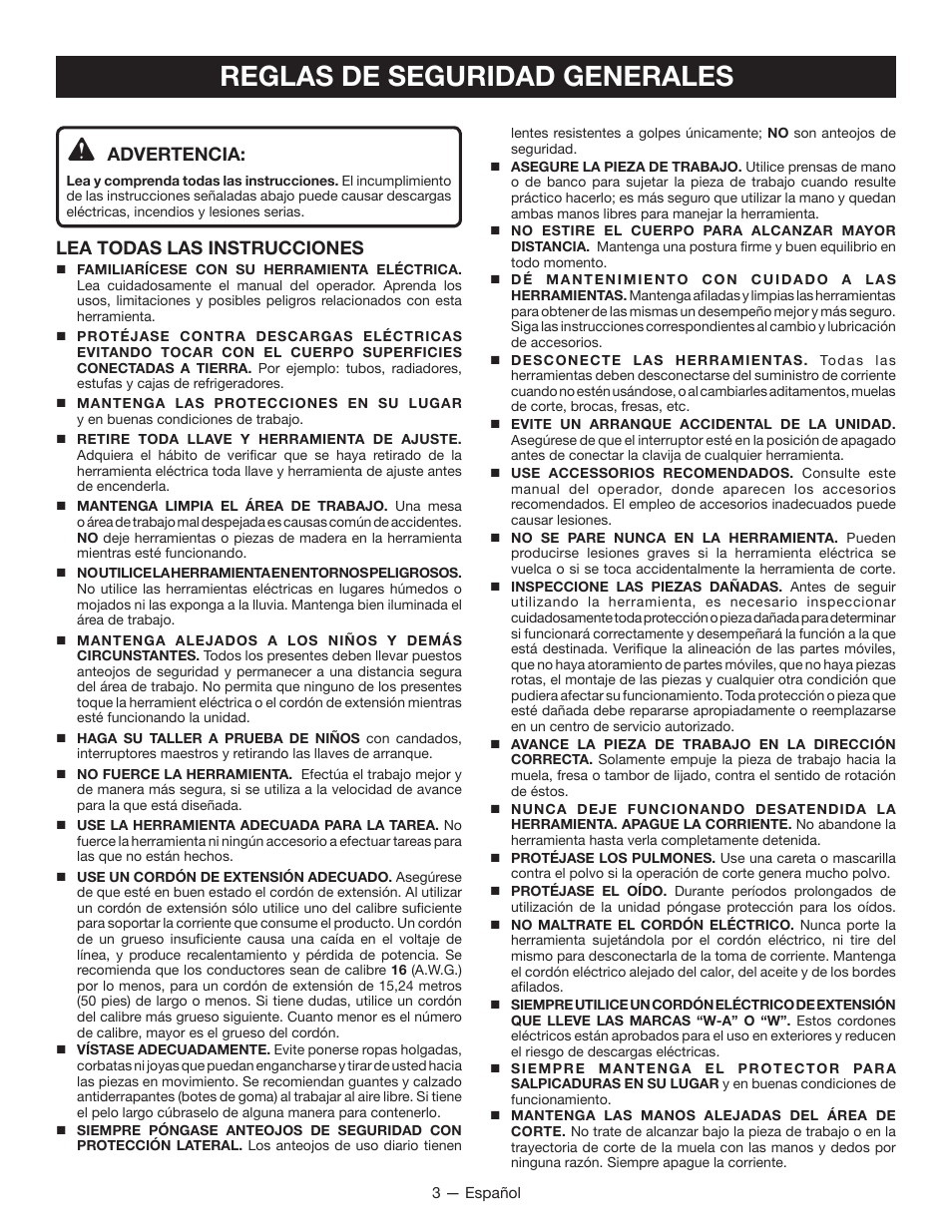 Reglas de seguridad generales, Advertencia, Lea todas las instrucciones | Ryobi WS721 User Manual | Page 25 / 40