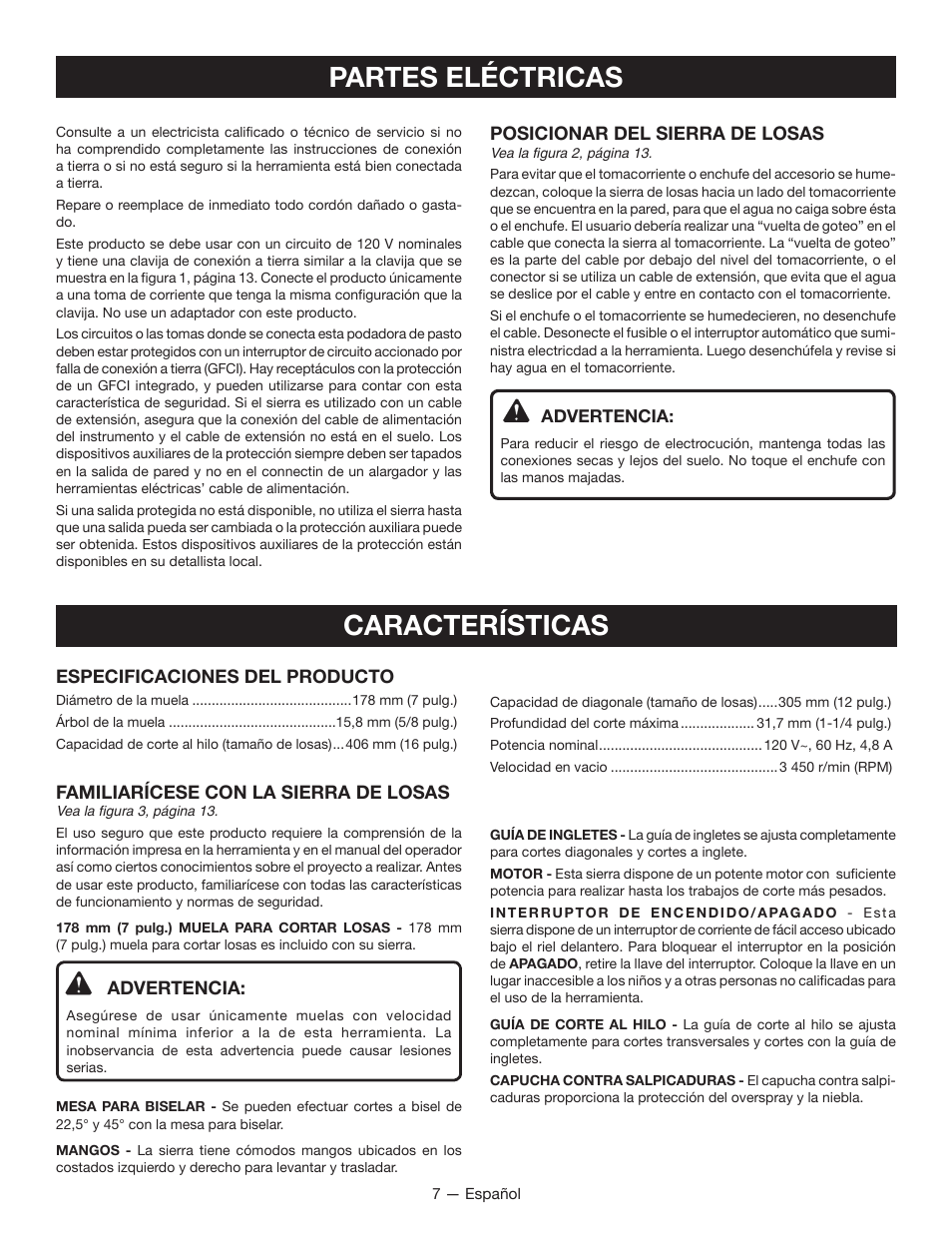 Partes eléctricas, Características | Ryobi WS721 User Manual | Page 29 / 40