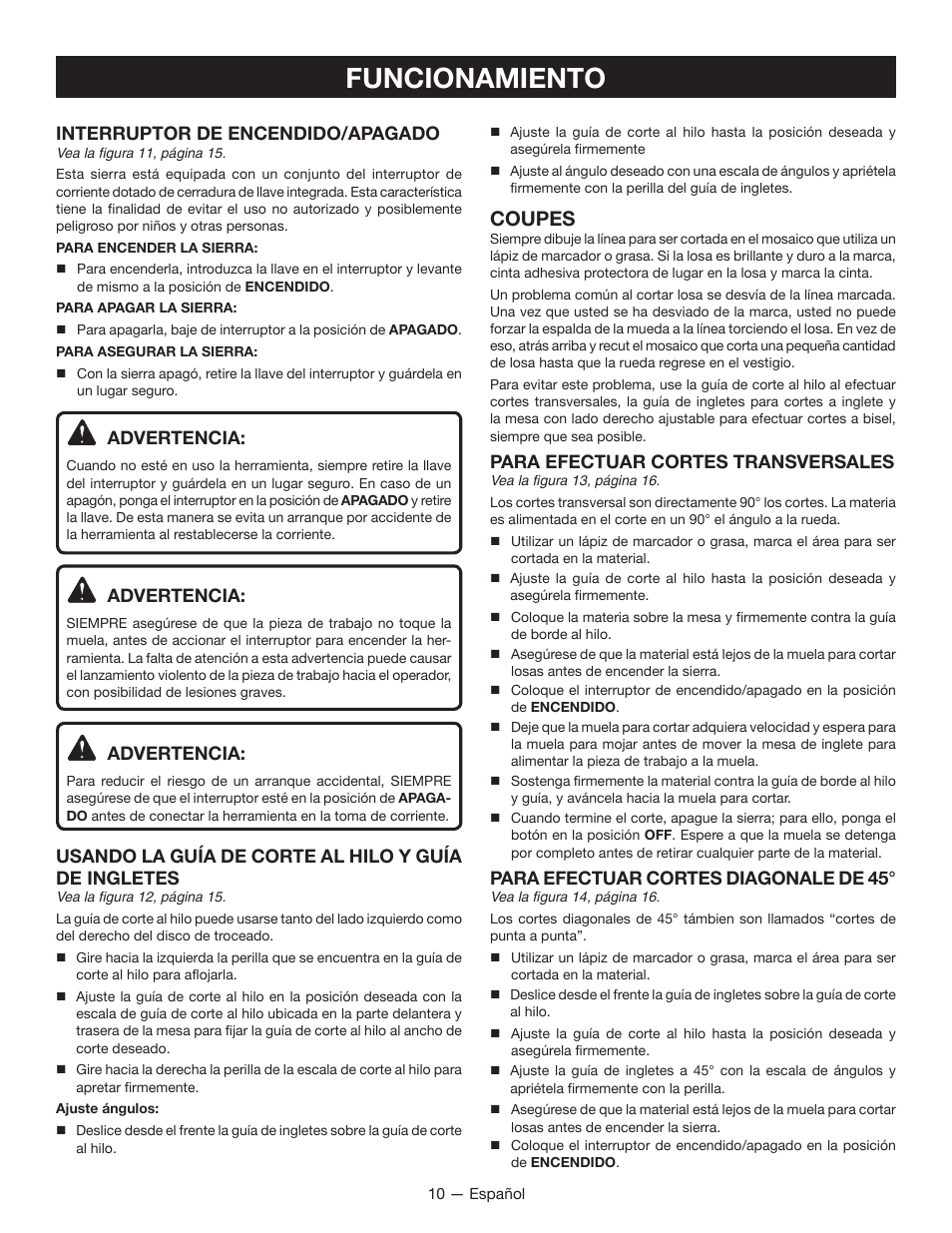 Funcionamiento, Coupes | Ryobi WS721 User Manual | Page 32 / 40