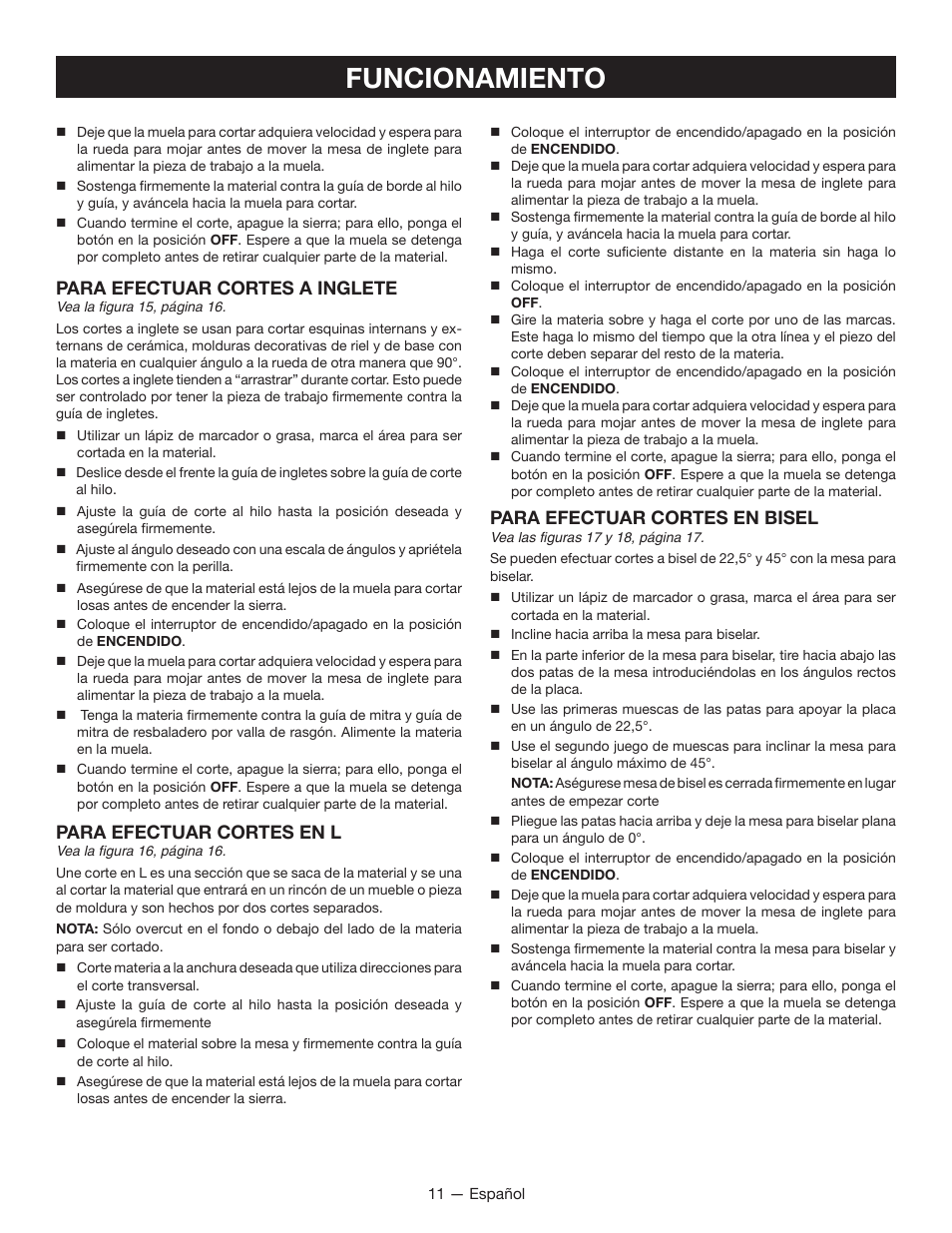 Funcionamiento, Para efectuar cortes a inglete, Para efectuar cortes en l | Para efectuar cortes en bisel | Ryobi WS721 User Manual | Page 33 / 40