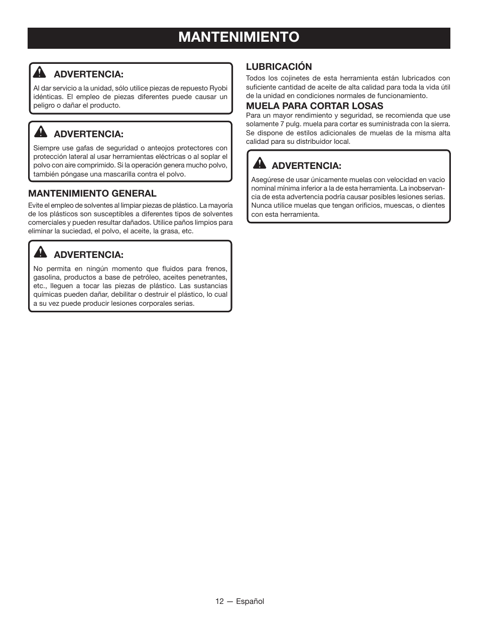 Mantenimiento | Ryobi WS721 User Manual | Page 34 / 40