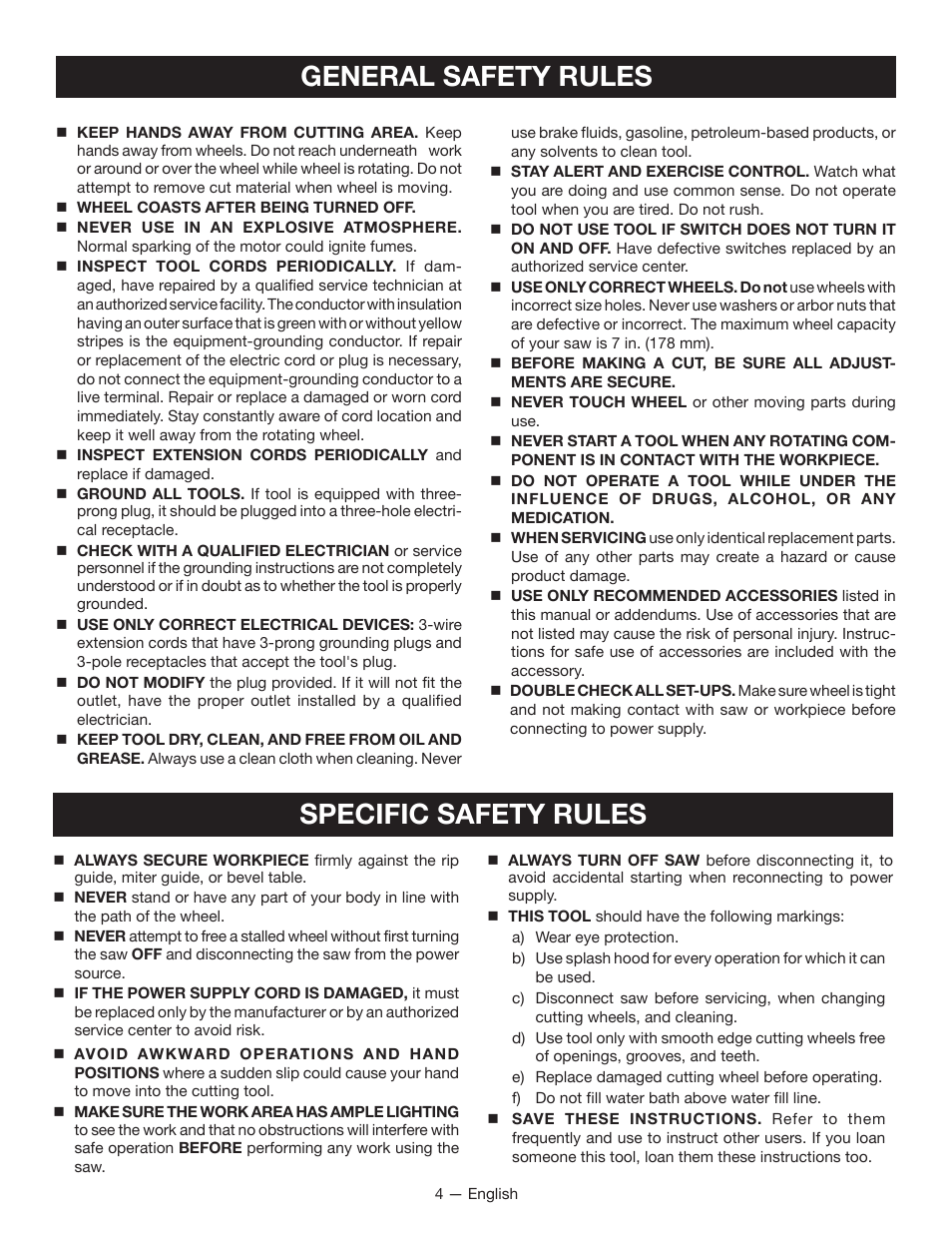 General safety rules, Specific safety rules | Ryobi WS721 User Manual | Page 4 / 40