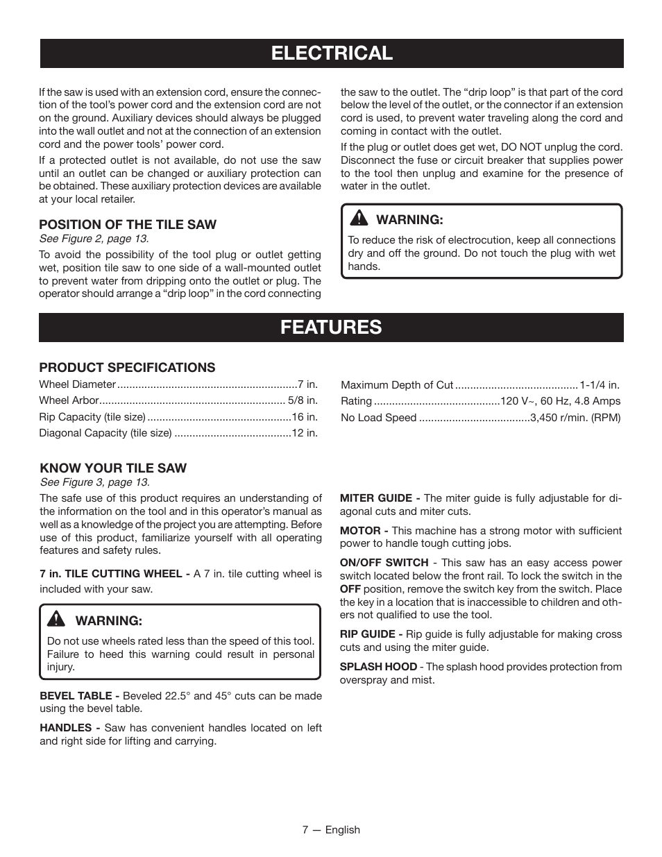 Electrical, Features | Ryobi WS721 User Manual | Page 7 / 40