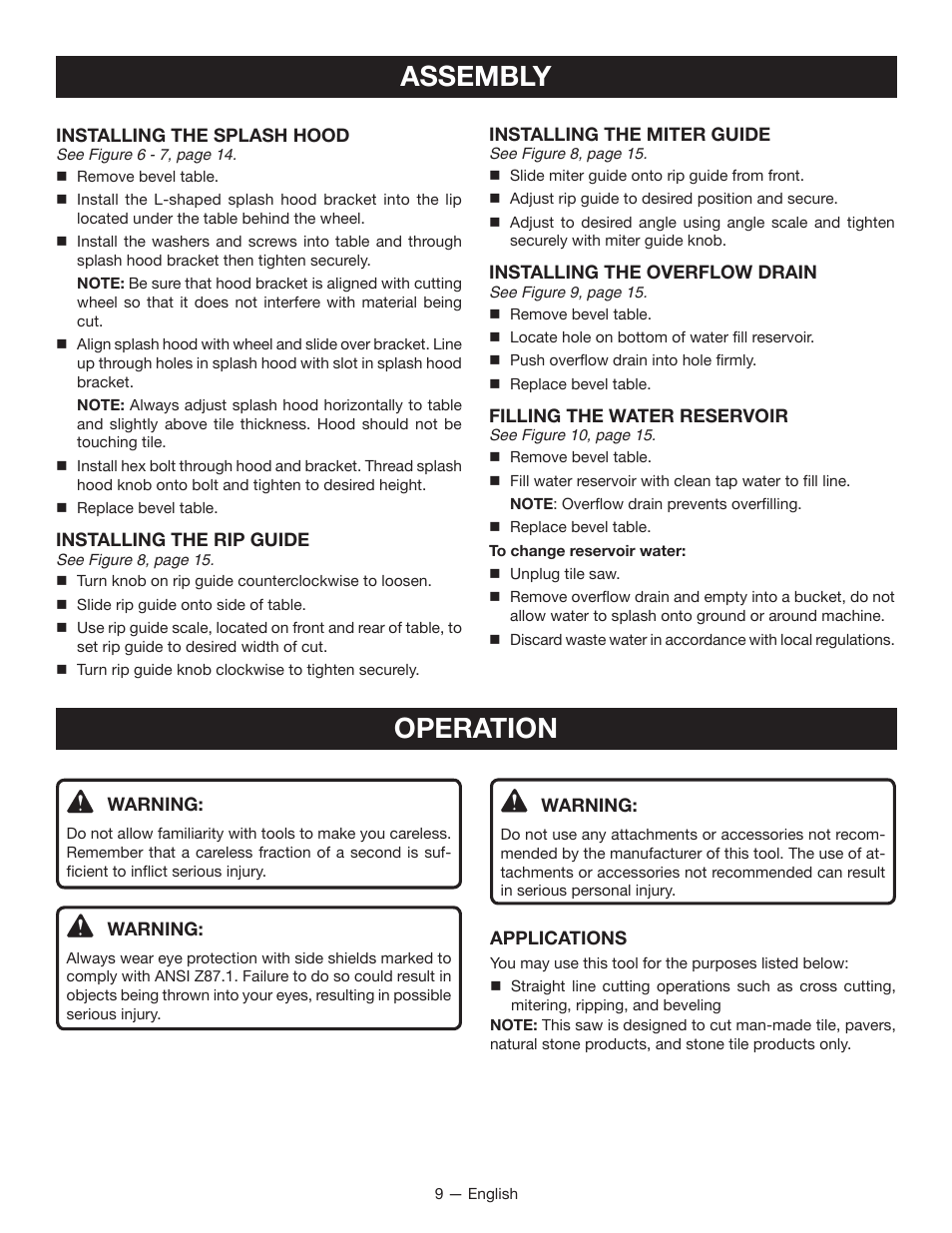 Assembly, Operation | Ryobi WS721 User Manual | Page 9 / 40