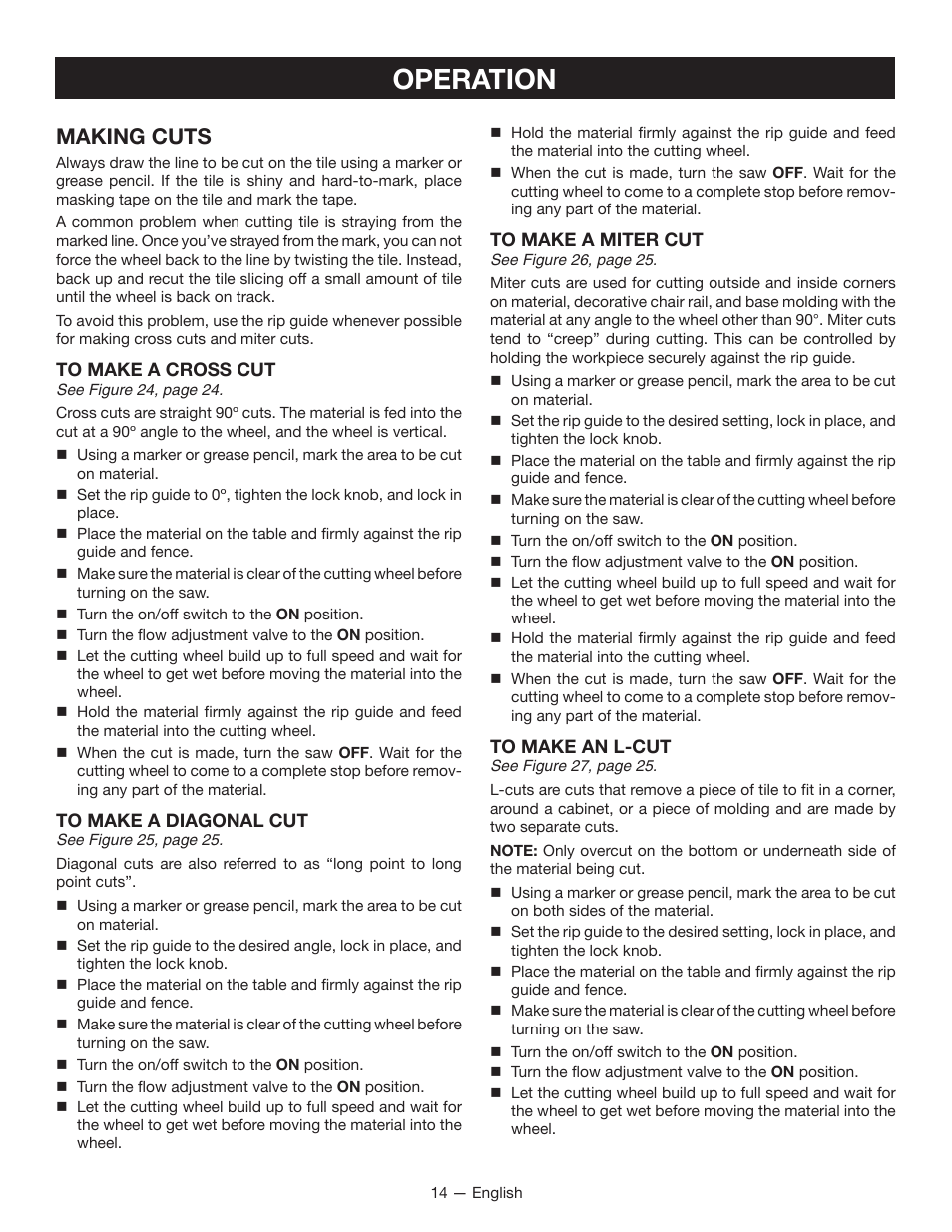 Operation, Making cuts | Ryobi WS750L User Manual | Page 14 / 60