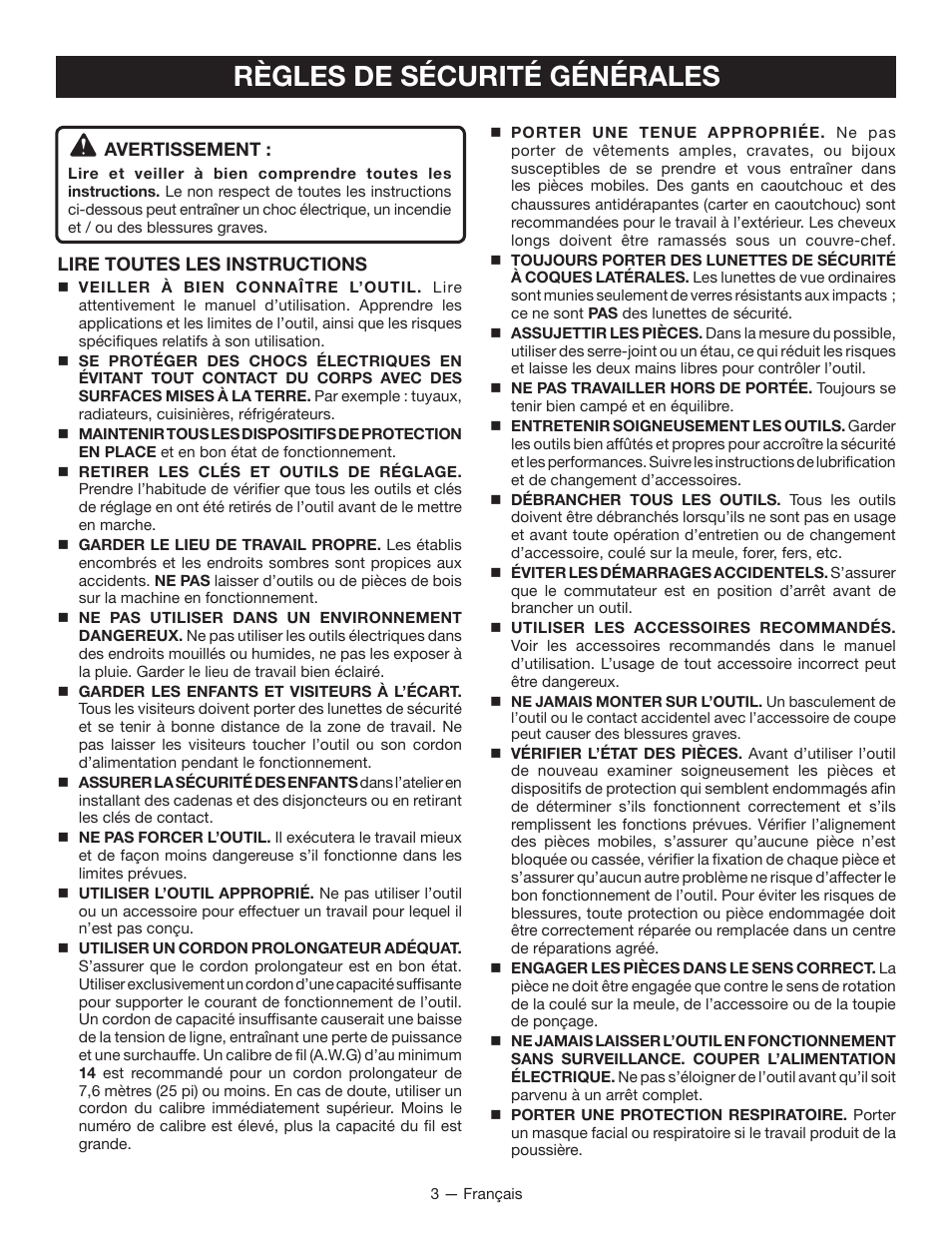 Règles de sécurité générales | Ryobi WS750L User Manual | Page 19 / 60