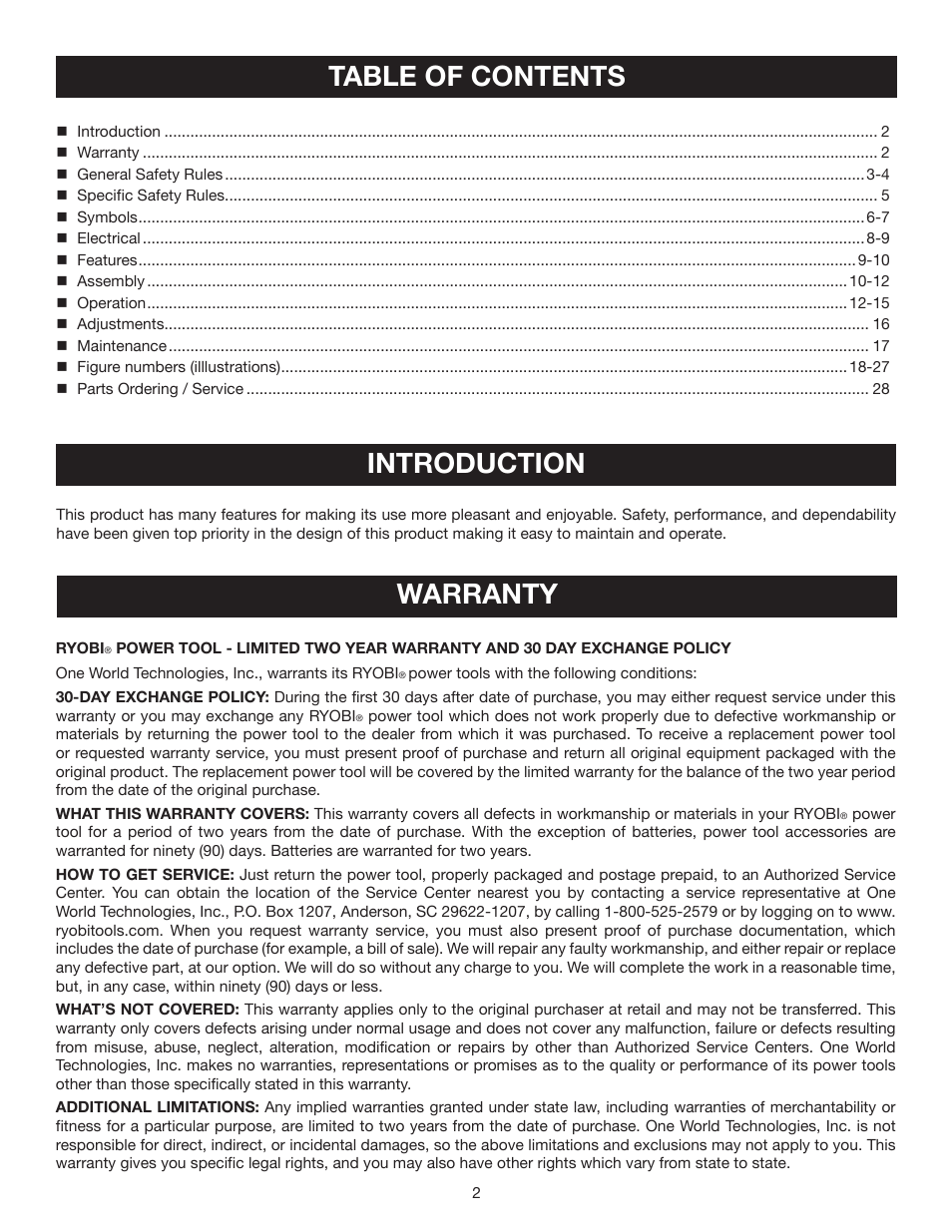 Table of contents introduction, Warranty | Ryobi WS750L User Manual | Page 2 / 60