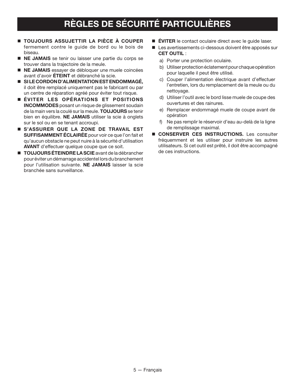 Règles de sécurité particulières | Ryobi WS750L User Manual | Page 21 / 60