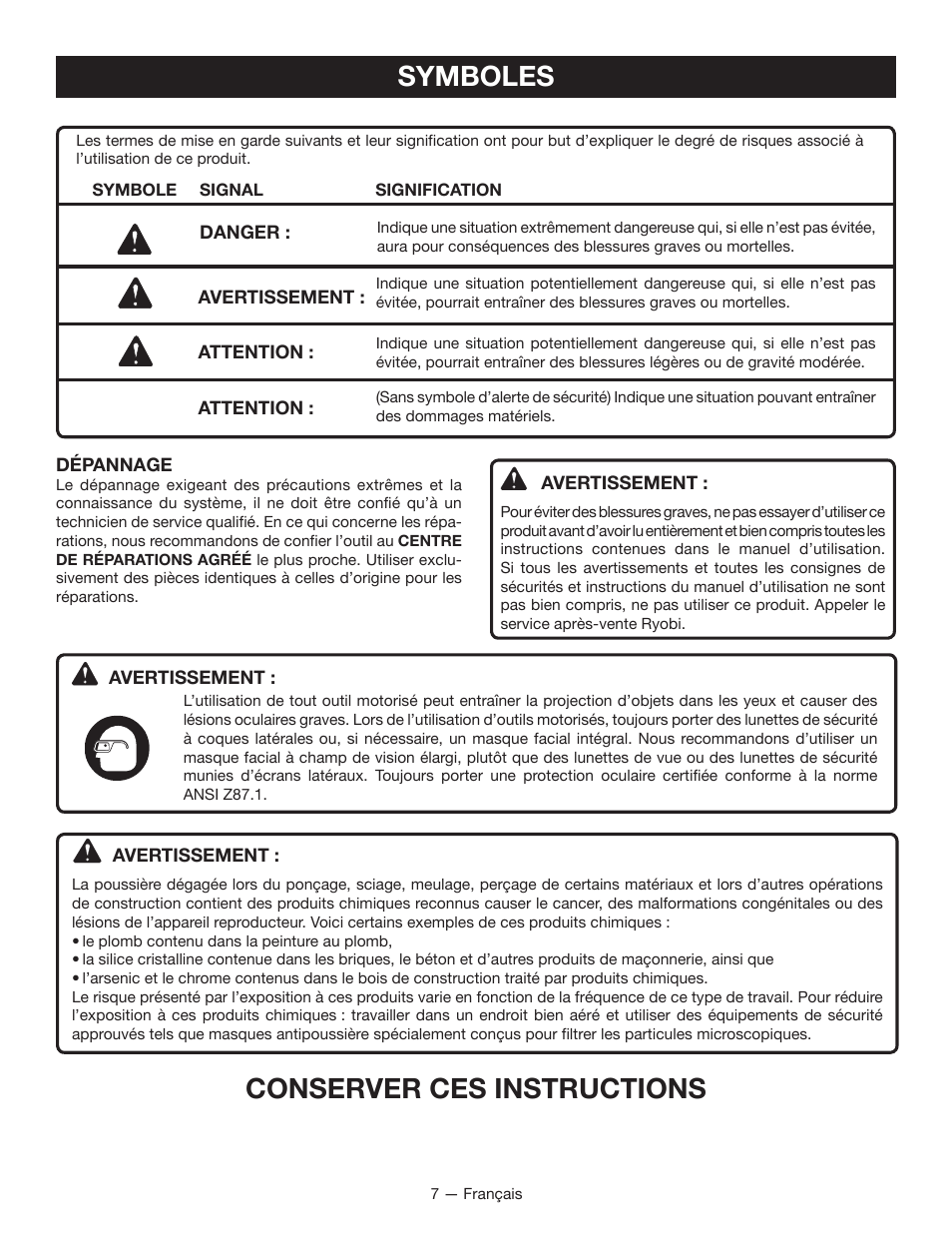 Symboles, Conserver ces instructions | Ryobi WS750L User Manual | Page 23 / 60