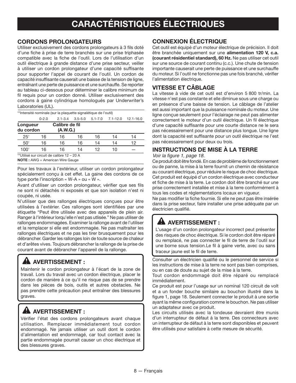 Caractéristiques électriques, Connexion électrique, Vitesse et câblage | Instructions de mise à la terre, Avertissement, Cordons prolongateurs | Ryobi WS750L User Manual | Page 24 / 60