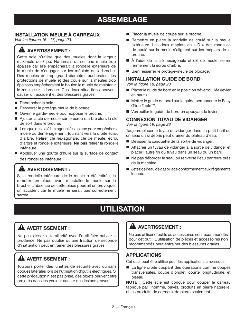 Utilisation assemblage | Ryobi WS750L User Manual | Page 28 / 60