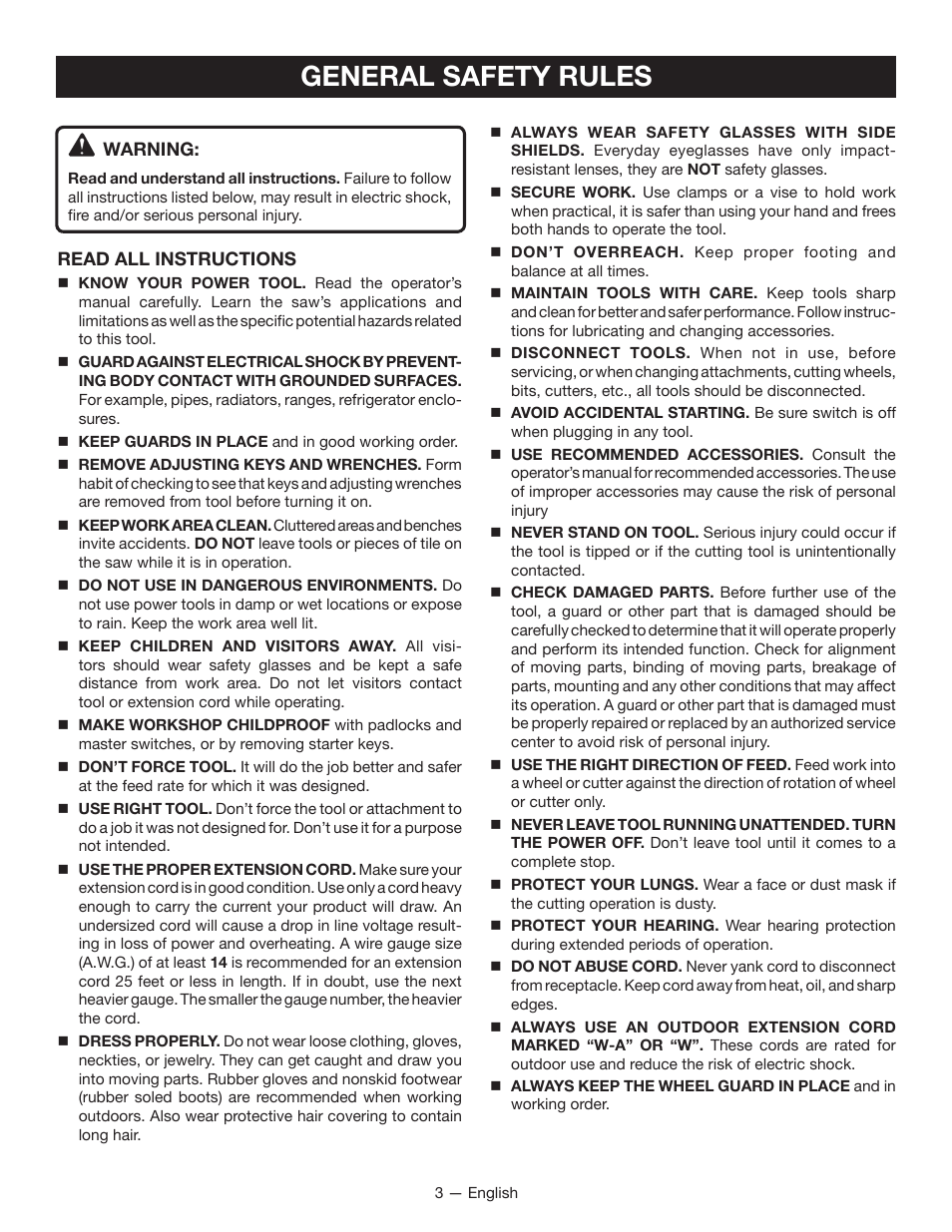 General safety rules | Ryobi WS750L User Manual | Page 3 / 60