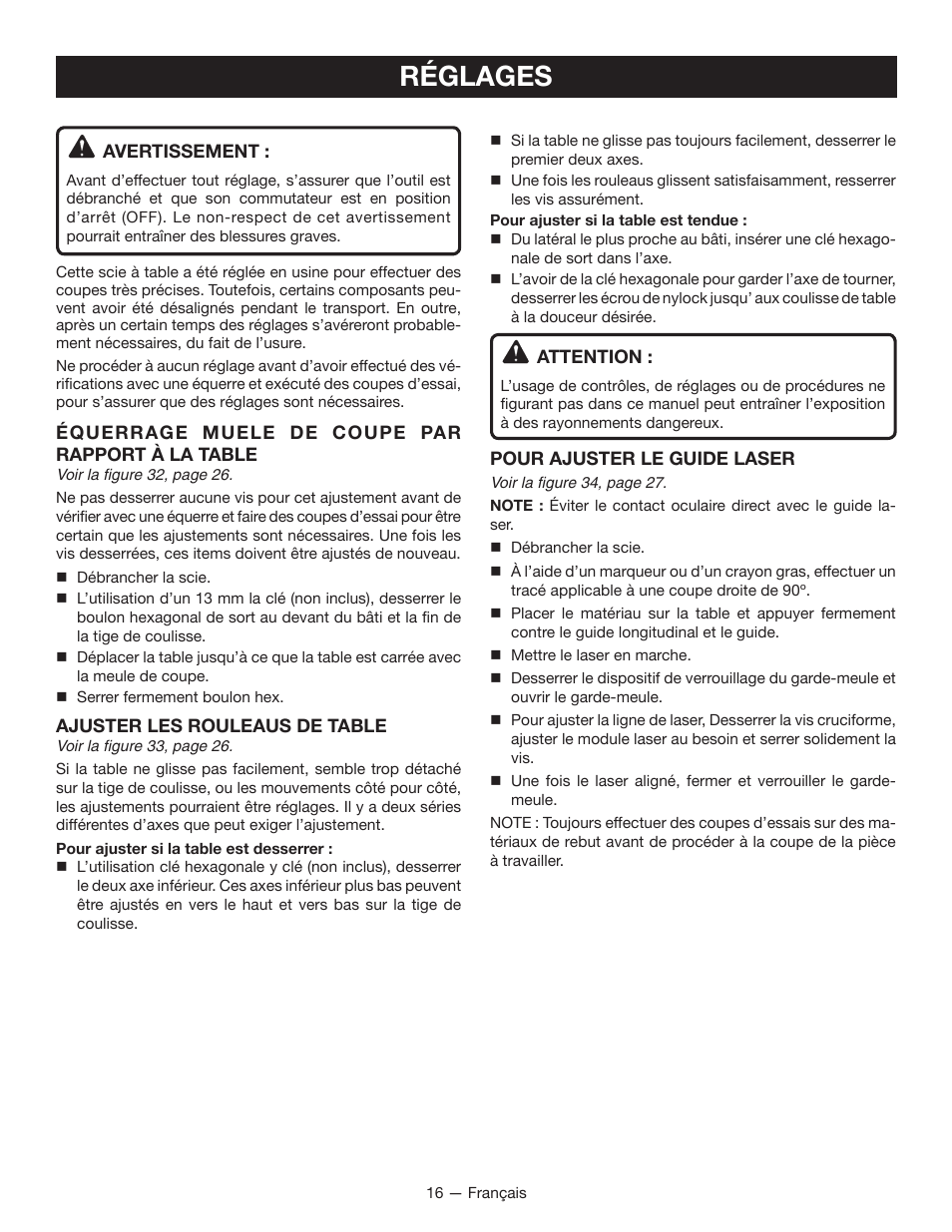 Réglages | Ryobi WS750L User Manual | Page 32 / 60