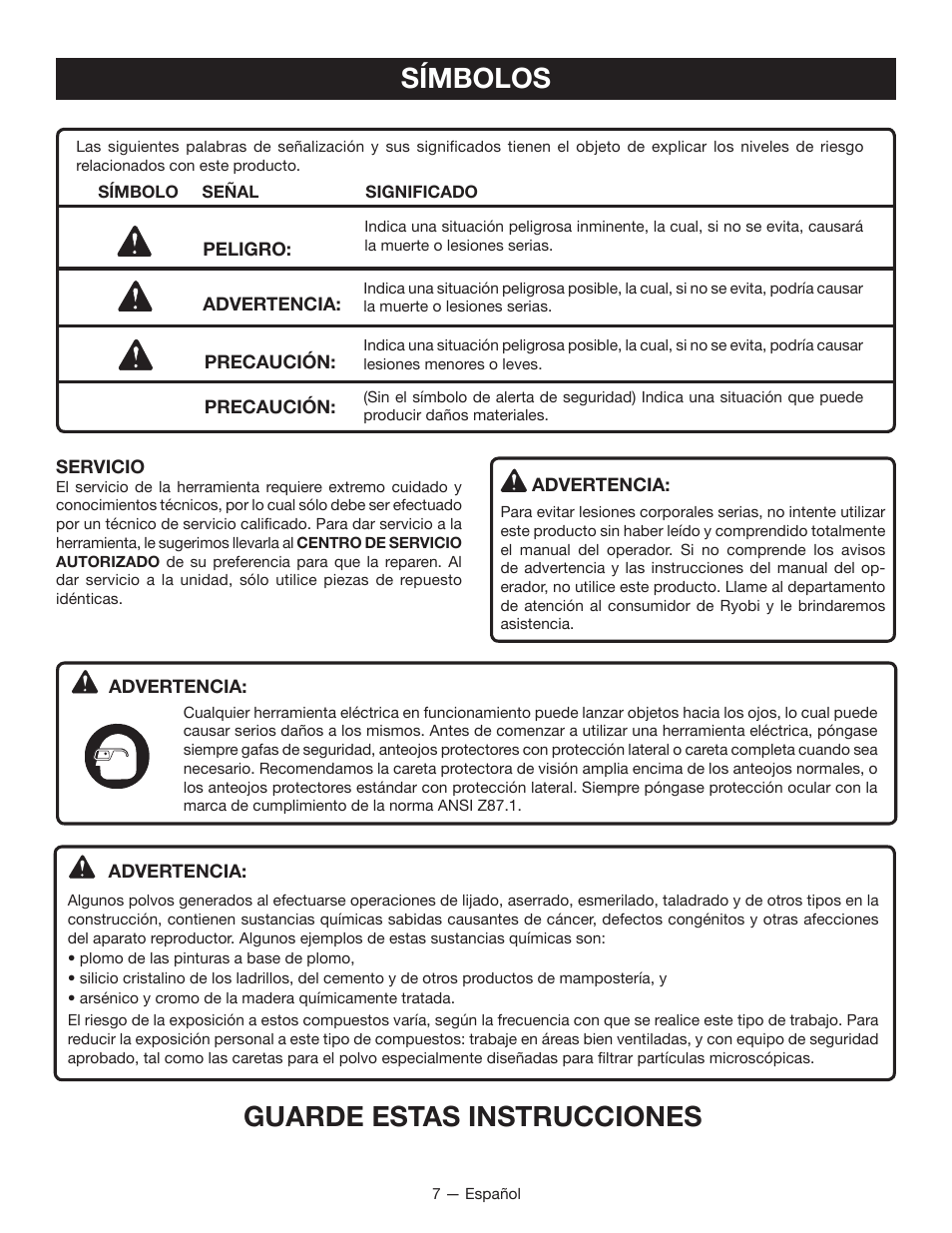 Símbolos, Guarde estas instrucciones | Ryobi WS750L User Manual | Page 39 / 60