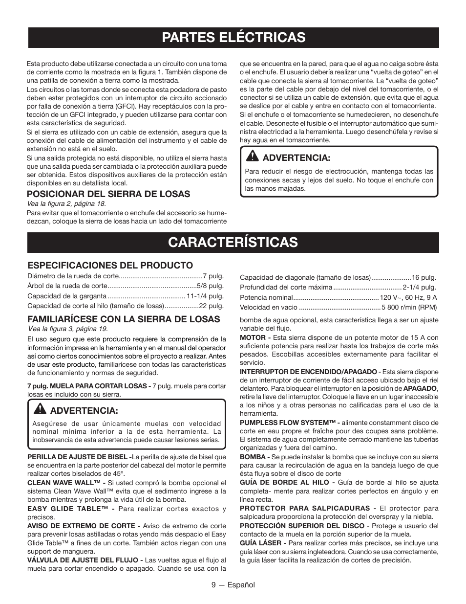 Partes eléctricas, Características | Ryobi WS750L User Manual | Page 41 / 60