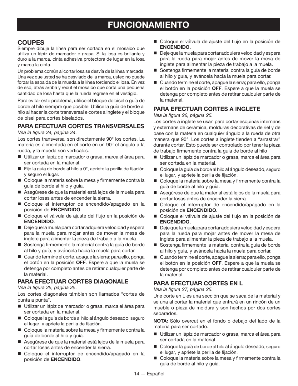 Funcionamiento, Coupes | Ryobi WS750L User Manual | Page 46 / 60