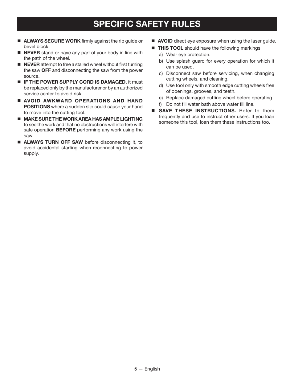 Specific safety rules | Ryobi WS750L User Manual | Page 5 / 60