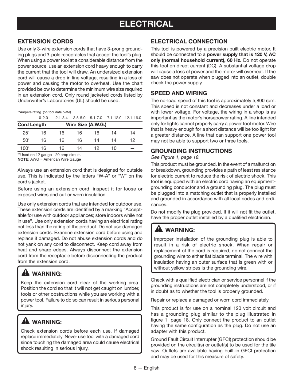 Electrical | Ryobi WS750L User Manual | Page 8 / 60