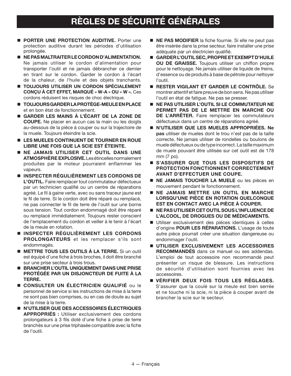 Règles de sécurité générales | Ryobi WS750L User Manual | Page 20 / 60