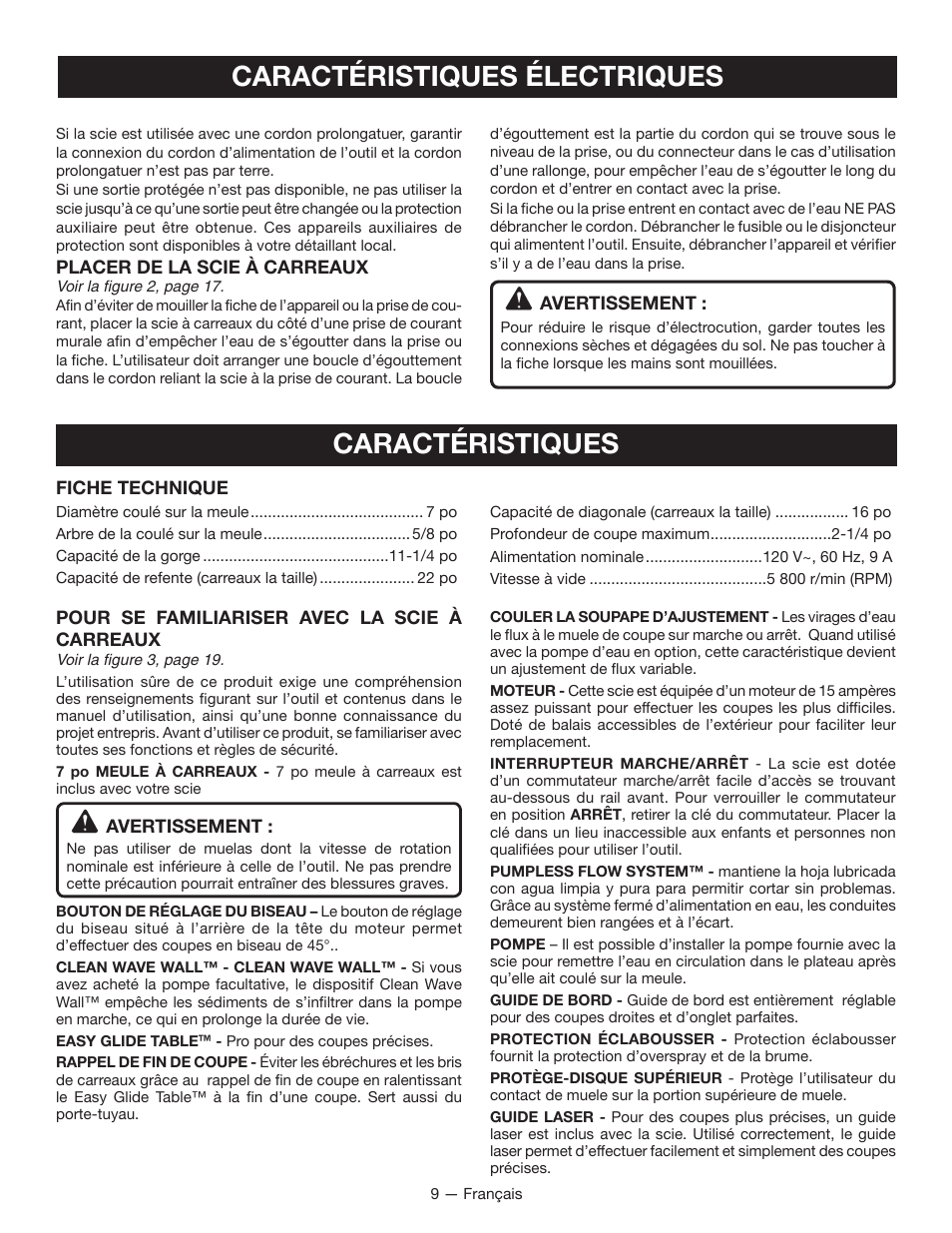 Caractéristiques électriques, Caractéristiques | Ryobi WS750L User Manual | Page 25 / 60