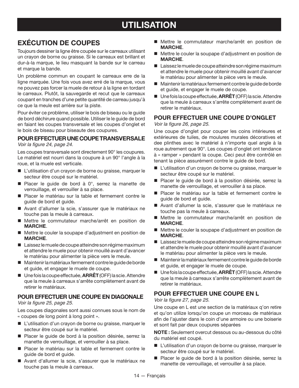Utilisation, Exécution de coupes | Ryobi WS750L User Manual | Page 30 / 60