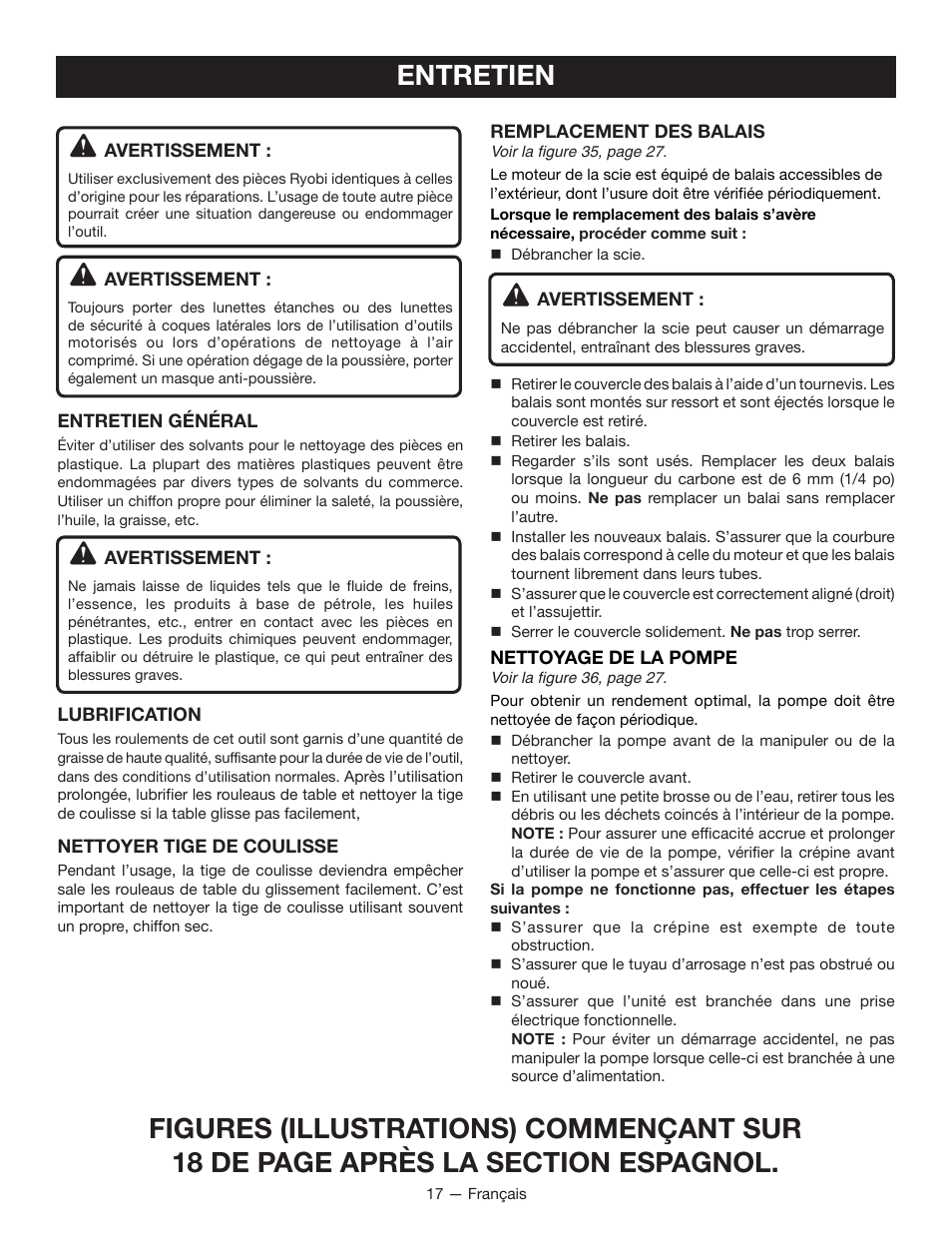 Entretien | Ryobi WS750L User Manual | Page 33 / 60